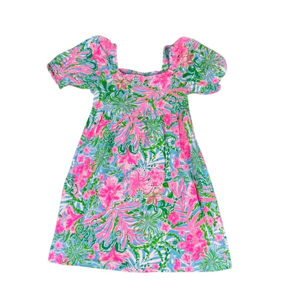 Lilly Pulitzer Girls Pink Green Floral Cotton Puff Sleeve Dress Size M 6-7